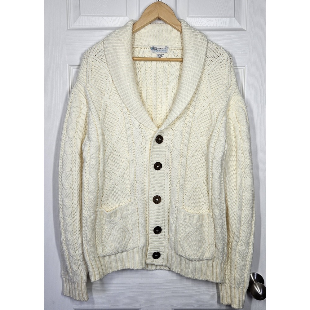 Vtg 70s Kmart Cable Knit Fisherman Cardigan Sweater Shawl Collar Mens L Grandpa